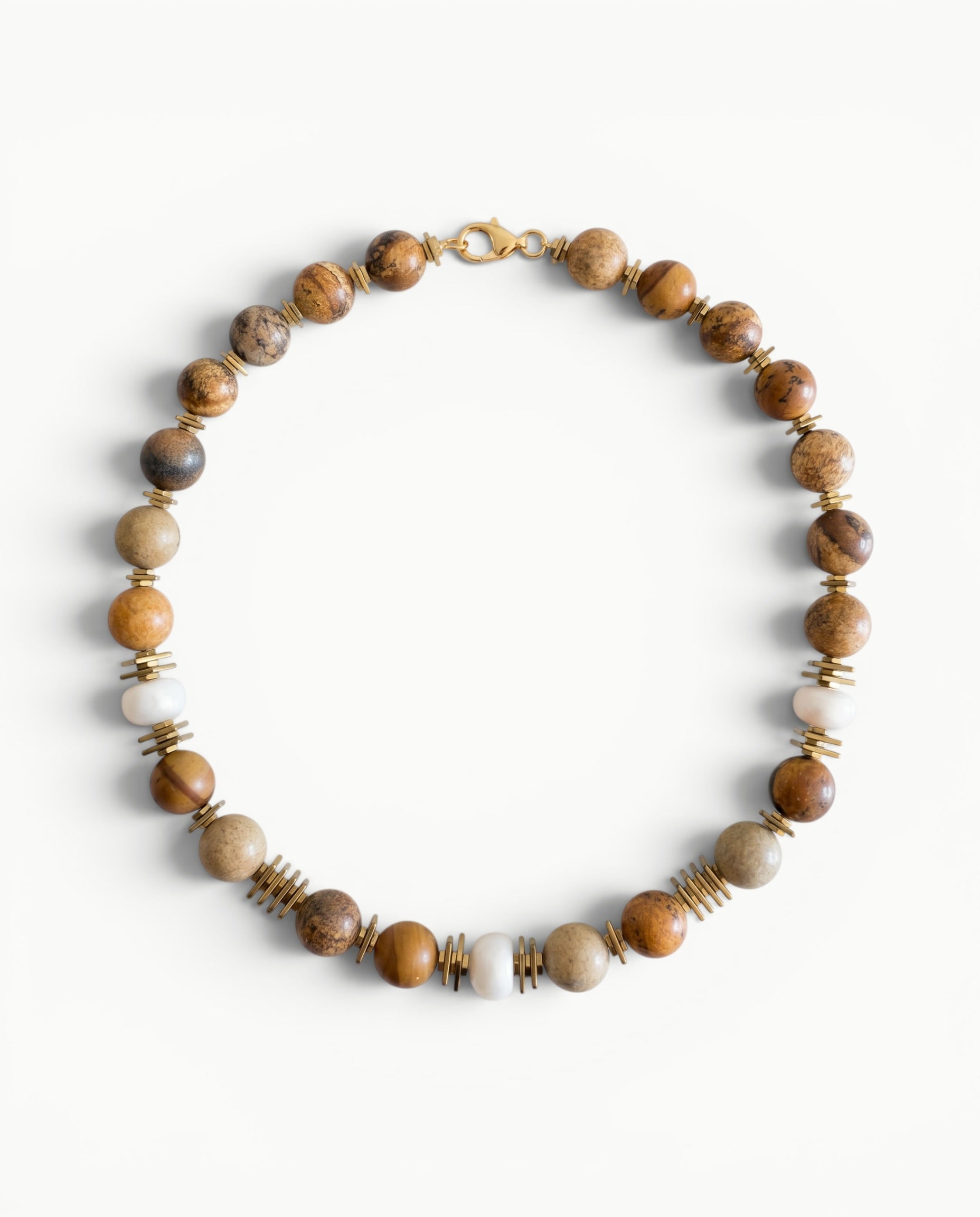 COLLIER DUNE SABLE, jaspe paysage, perles d’eau douce et hématites dorées – MIMA BACH