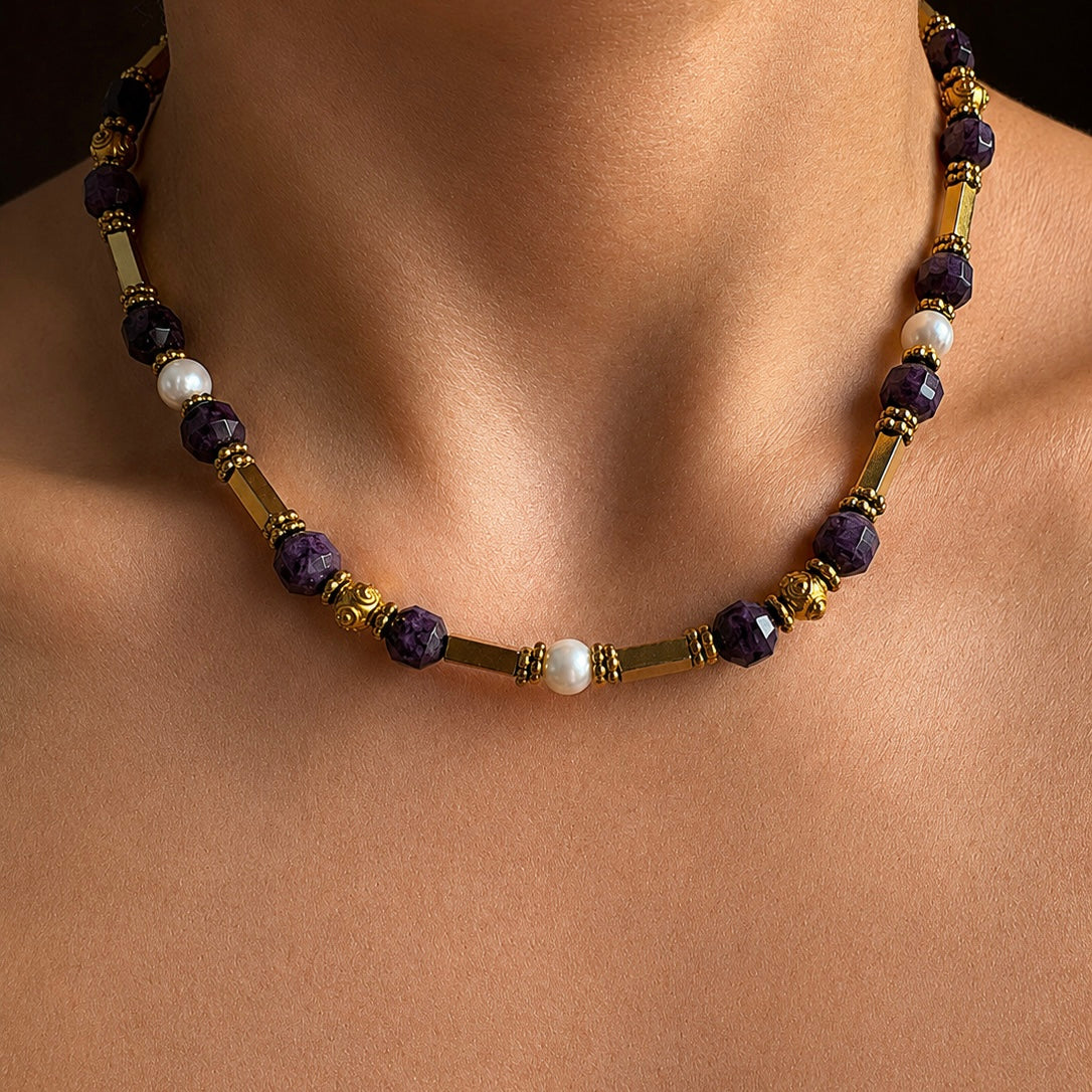 RAYA Violet – Agate violette, perles d’eau douce & hématite dorée | MIMA BACH