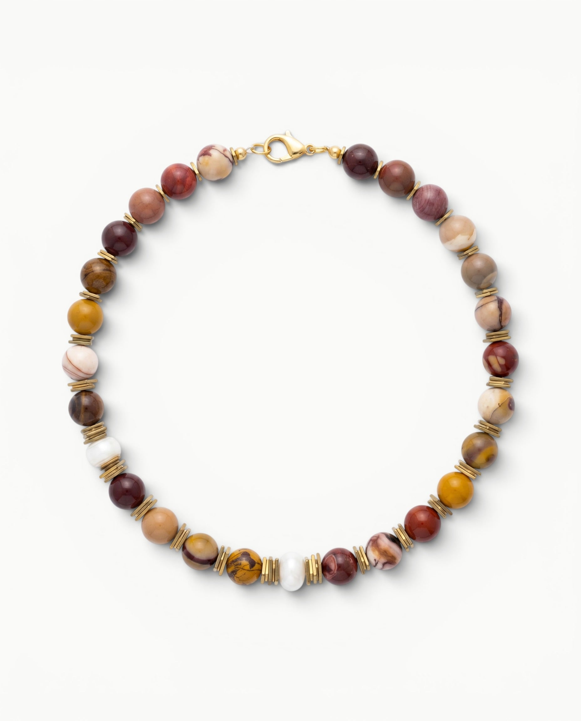 COLLIER TASSILI, Mookaïte, perles d’eau douce et hématites dorées – MIMA BACH