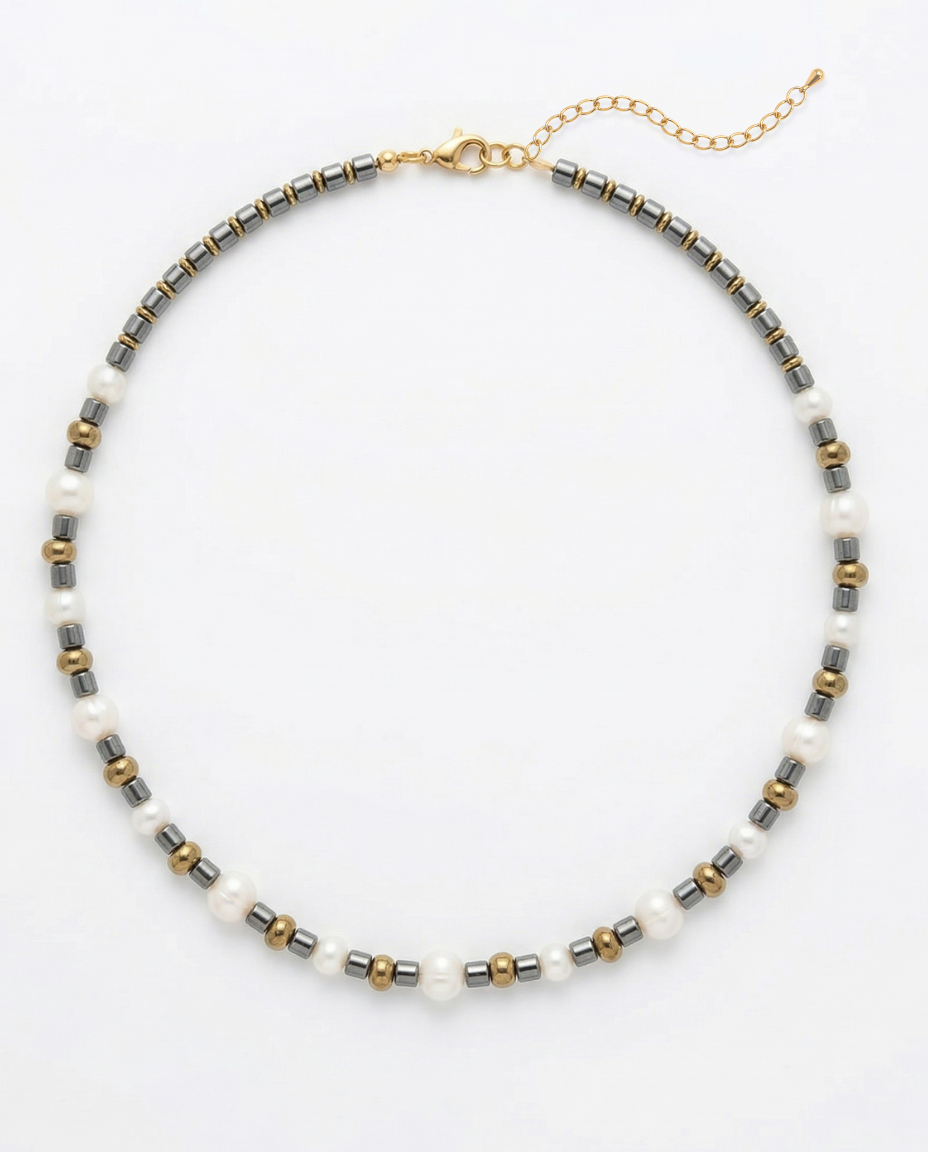 collier Cadence perles eau douce et hématite argentée dorée – MIMA BACH